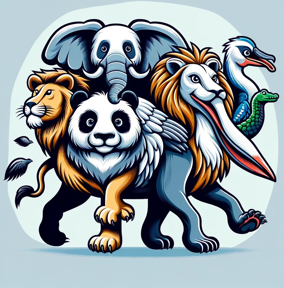 L'immagine rappresenta un animale immaginario composto da più animali reali: zampe di leone, diverse teste tra cui panda, leone, serpente, cigno, naso di elefante