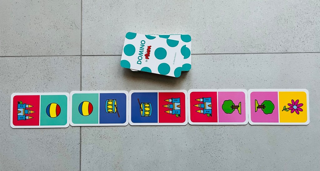 Domino figurato colorato: tessere illustrate con immagini divertenti della Pimpa da abbinare per sviluppare logica, osservazione e associazione nei bambini