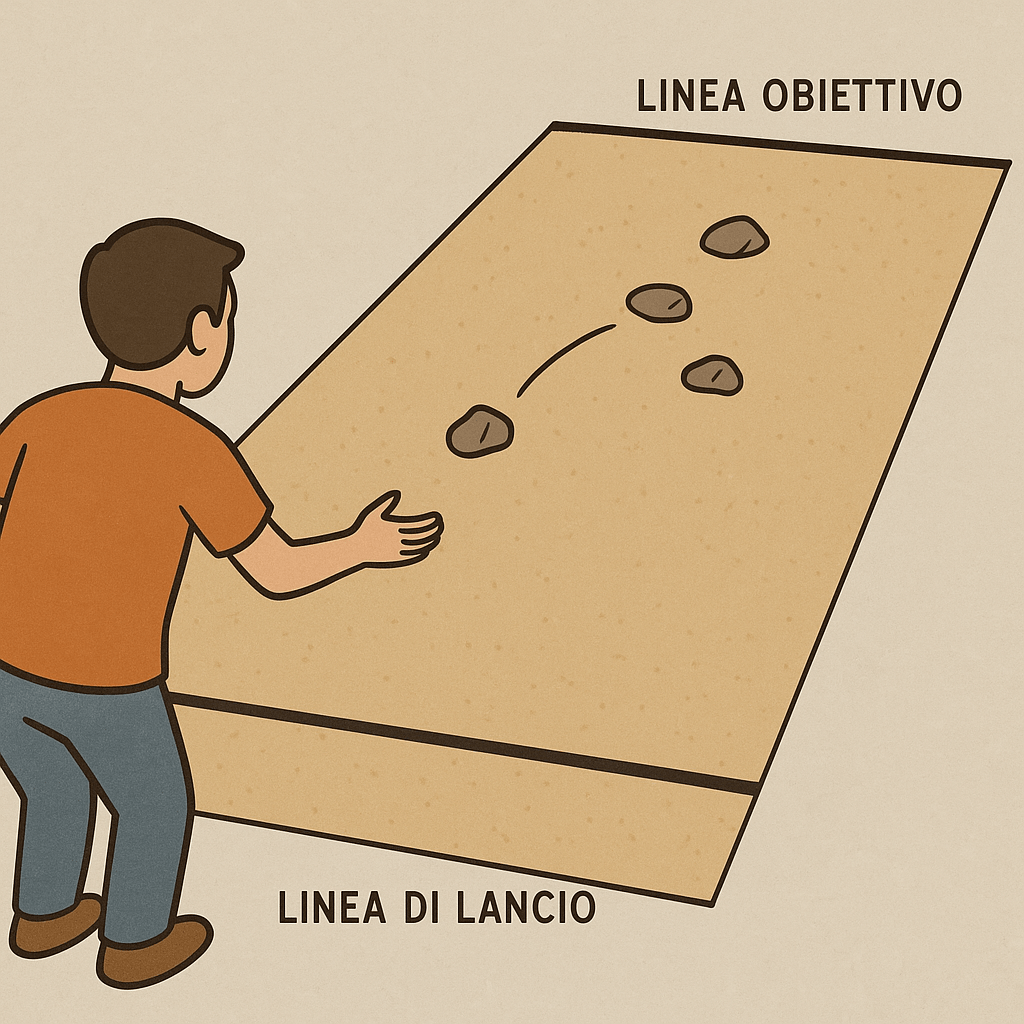 Campo di gioco per giocare a lancia la pietra con linea di lancio e linea obiettivo